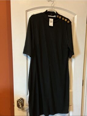 Ashley Stewart Black Ribbed Midi Dress with Gold Shoulder Buttons